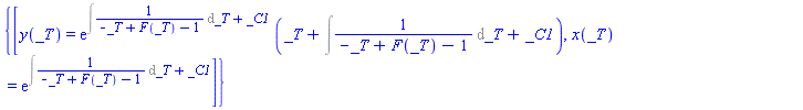 {[y(_T) = exp(Int(1/(-_T+F(_T)-1), _T)+_C1)*(_T+Int(1/(-_T+F(_T)-1), _T)+_C1), x(_T) = exp(Int(1/(-_T+F(_T)-1), _T)+_C1)]}