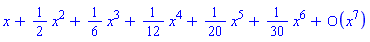 series(x+(1/2)*x^2+(1/6)*x^3+(1/12)*x^4+(1/20)*x^5+(1/30)*x^6+O(x^7),x,7)