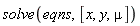 solve(eqns, [x, y, mu])