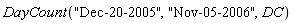 DayCount("Dec-20-2005", "Nov-05-2006", DC)