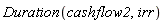 Duration(cashflow2, irr)