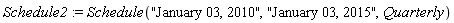 Schedule2 := Schedule("January 03, 2010", "January 03, 2015", Quarterly)