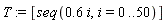 T := [seq(.6*i, i = 0 .. 50)]