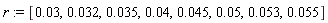 r := [0.3e-1, 0.32e-1, 0.35e-1, 0.4e-1, 0.45e-1, 0.5e-1, 0.53e-1, 0.55e-1]