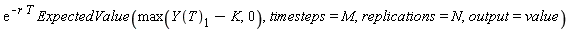 exp(-r*T)*ExpectedValue(max(Y(T)[1]-K, 0), timesteps = M, replications = N, output = value)