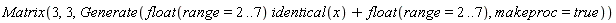 Matrix(3, 3, Generate(float(range = 2 .. 7)*identical(x)+float(range = 2 .. 7), makeproc = true))