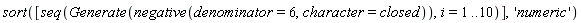 sort([seq(Generate(negative(denominator = 6, character = closed)), i = 1 .. 10)], 'numeric')