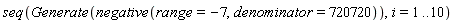 seq(Generate(negative(range = -7, denominator = 720720)), i = 1 .. 10)