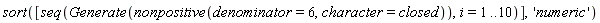 sort([seq(Generate(nonpositive(denominator = 6, character = closed)), i = 1 .. 10)], 'numeric')