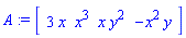 A := vector([3*x, x^3, x*y^2, -x^2*y])