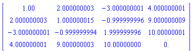 Matrix([[1.00, 2.000000003, -3.000000001, 4.000000001], [2.000000003, 1.000000015, -.999999996, 9.000000009], [-3.000000001, -.999999994, 1.999999996, 10.00000001], [4.000000001, 9.000000003, 10.00000000, 0.]])