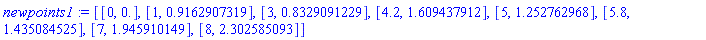 [[0, 0.], [1, .9162907319], [3, .8329091229], [4.2, 1.609437912], [5, 1.252762968], [5.8, 1.435084525], [7, 1.945910149], [8, 2.302585093]]