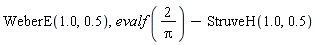 WeberE(1.0, .5), evalf(2/Pi)-StruveH(1.0, .5)