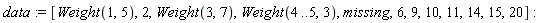 data := [Weight(1, 5), 2, Weight(3, 7), Weight(4 .. 5, 3), missing, 6, 9, 10, 11, 14, 15, 20]