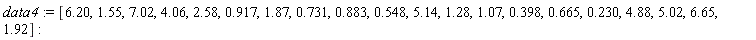 data4 := [6.20, 1.55, 7.02, 4.06, 2.58, .917, 1.87, .731, .883, .548, 5.14, 1.28, 1.07, .398, .665, .230, 4.88, 5.02, 6.65, 1.92]