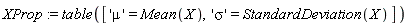 XProp := table(['mu' = Mean(X), 'sigma' = StandardDeviation(X)])