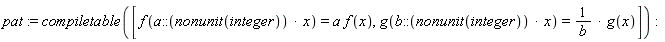 pat := compiletable([f(a::(nonunit(integer))*x) = a*f(x), g(b::(nonunit(integer))*x) = g(x)/b]):