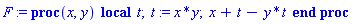 F := proc (x, y) local t; t := x*y; x+t-y*t end proc
