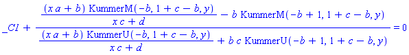 _C1+((x*a+b)*KummerM(-b, 1+c-b, y)/(x*c+d)-b*KummerM(-b+1, 1+c-b, y))/((x*a+b)*KummerU(-b, 1+c-b, y)/(x*c+d)+b*c*KummerU(-b+1, 1+c-b, y)) = 0