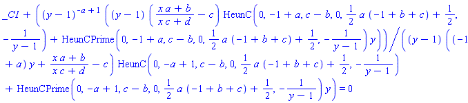 _C1+(y-1)^(-a+1)*((y-1)*((x*a+b)/(x*c+d)-c)*HeunC(0, -1+a, c-b, 0, (1/2)*a*(-1+b+c)+1/2, -1/(y-1))+HeunCPrime(0, -1+a, c-b, 0, (1/2)*a*(-1+b+c)+1/2, -1/(y-1))*y)/((y-1)*((-1+a)*y+(x*a+b)/(x*c+d)-c)*HeunC(0, -a+1, c-b, 0, (1/2)*a*(-1+b+c)+1/2, -1/(y-1))+HeunCPrime(0, -a+1, c-b, 0, (1/2)*a*(-1+b+c)+1/2, -1/(y-1))*y) = 0