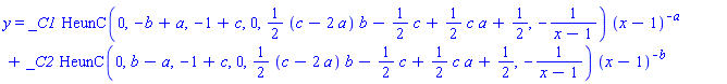 y = _C1*HeunC(0, -b+a, -1+c, 0, (1/2)*(c-2*a)*b-(1/2)*c+(1/2)*c*a+1/2, -1/(x-1))*(x-1)^(-a)+_C2*HeunC(0, b-a, -1+c, 0, (1/2)*(c-2*a)*b-(1/2)*c+(1/2)*c*a+1/2, -1/(x-1))*(x-1)^(-b)