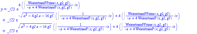 y = _C1*exp(4*(Int(WeierstrassPPrime(x, g2, g3)/(-a+4*WeierstrassP(x, g2, g3)), x)))+_C2*exp(-(a^3-4*g2*a-16*g3)^(1/2)*(Int(1/(-a+4*WeierstrassP(x, g2, g3)), x))+4*(Int(WeierstrassPPrime(x, g2, g3)/(-a+4*WeierstrassP(x, g2, g3)), x)))+_C3*exp((a^3-4*g2*a-16*g3)^(1/2)*(Int(1/(-a+4*WeierstrassP(x, g2, g3)), x))+4*(Int(WeierstrassPPrime(x, g2, g3)/(-a+4*WeierstrassP(x, g2, g3)), x)))