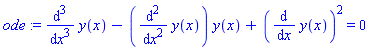 ode := diff(y(x), `$`(x, 3))-(diff(y(x), `$`(x, 2)))*y(x)+(diff(y(x), x))^2 = 0