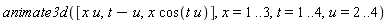 animate3d([x*u, t-u, x*cos(t*u)], x = 1 .. 3, t = 1 .. 4, u = 2 .. 4)