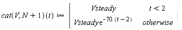(cat(V, N+1))(t) := piecewise(t < 2, Vsteady, Vsteady*exp(-70*(t-2)))