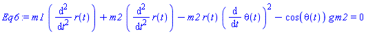m1*(diff(diff(r(t), t), t))+m2*(diff(diff(r(t), t), t))-m2*r(t)*(diff(theta(t), t))^2-cos(theta(t))*g*m2 = 0