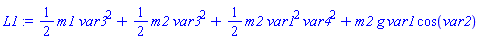 (1/2)*m1*var3^2+(1/2)*m2*var3^2+(1/2)*m2*var1^2*var4^2+m2*g*var1*cos(var2)