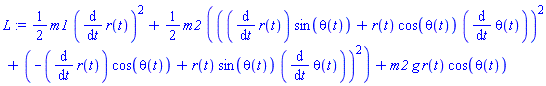 (1/2)*m1*(diff(r(t), t))^2+(1/2)*m2*(((diff(r(t), t))*sin(theta(t))+r(t)*cos(theta(t))*(diff(theta(t), t)))^2+(-(diff(r(t), t))*cos(theta(t))+r(t)*sin(theta(t))*(diff(theta(t), t)))^2)+m2*g*r(t)*cos(theta(t))