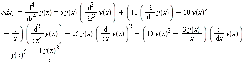 ode[4] := diff(y(x), x, x, x, x) = 5*y(x)*(diff(y(x), x, x, x))+(10*(diff(y(x), x))-10*y(x)^2-1/x)*(diff(y(x), x, x))-15*y(x)*(diff(y(x), x))^2+(10*y(x)^3+3*y(x)/x)*(diff(y(x), x))-y(x)^5-y(x)^3/x