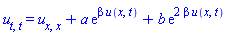 diff(diff(u(x, t), t), t) = diff(diff(u(x, t), x), x)+a*exp(beta*u(x, t))+b*exp(2*beta*u(x, t))