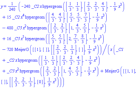 y(x) = (1/240)*(-240*_C2*x*hypergeom([1/3, 1/3], [2/3, 2/3, 4/3], -(1/9)*x^3)+15*_C2*x^4*hypergeom([4/3, 4/3], [5/3, 5/3, 7/3], -(1/9)*x^3)-480*_C3*x^2*hypergeom([2/3, 2/3], [1, 4/3, 5/3], -(1/9)*x^3)+16*_C3*x^5*hypergeom([5/3, 5/3], [2, 7/3, 8/3], -(1/9)*x^3)-720*MeijerG([[1], []], [[2/3, 2/3, 1/3], []], (1/9)*x^3))/(x*(_C1+_C2*x*hypergeom([1/3, 1/3], [2/3, 2/3, 4/3], -(1/9)*x^3)+_C3*x^2*hypergeom([2/3, 2/3], [1, 4/3, 5/3], -(1/9)*x^3)+MeijerG([[1, 1], []], [[2/3, 2/3, 1/3], [0]], (1/9)*x^3)))