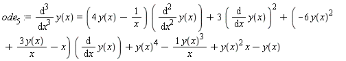 ode[5] := diff(y(x), x, x, x) = (4*y(x)-1/x)*(diff(y(x), x, x))+3*(diff(y(x), x))^2+(-6*y(x)^2+3*y(x)/x-x)*(diff(y(x), x))+y(x)^4-y(x)^3/x+x*y(x)^2-y(x)