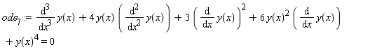 ode[7] := diff(y(x), x, x, x)+4*y(x)*(diff(y(x), x, x))+3*(diff(y(x), x))^2+6*(diff(y(x), x))*y(x)^2+y(x)^4 = 0