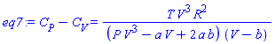 eq7 := C[P]-C[V] = T*V^3*R^2/((P*V^3-a*V+2*a*b)*(V-b))