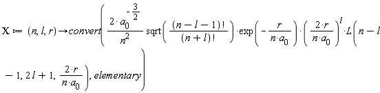 CHI := proc (n, l, r) options operator, arrow; convert(2*sqrt(factorial(n-l-1)/factorial(n+l))*exp(-r/(n*a[0]))*(2*r/(n*a[0]))^l*L(n-l-1, 2*l+1, 2*r/(n*a[0]))/(a[0]^(3/2)*n^2), elementary) end proc