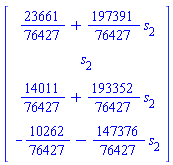 Vector(4, {(1) = 23661/76427+(197391/76427)*s[2], (2) = s[2], (3) = 14011/76427+(193352/76427)*s[2], (4) = -10262/76427-(147376/76427)*s[2]})