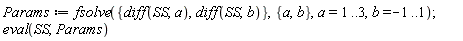 Params := fsolve({diff(SS, a), diff(SS, b)}, {a, b}, a = 1 .. 3, b = -1 .. 1); eval(SS, Params)