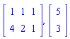 Matrix(2, 3, {(1, 1) = 1, (1, 2) = 1, (1, 3) = 1, (2, 1) = 4, (2, 2) = 2, (2, 3) = 1}), Vector(2, {(1) = 5, (2) = 3})