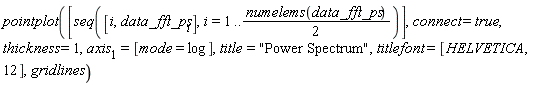 pointplot([seq([i, data_fft_ps[i]], i = 1 .. (1/2)*numelems(data_fft_ps))], connect = true, thickness = 1, axis[1] = [mode = log], title = "Power Spectrum", titlefont = [HELVETICA, 12], gridlines)