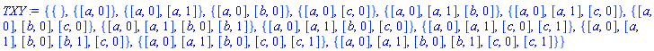 {{}, {[a, 0]}, {[a, 0], [a, 1]}, {[a, 0], [b, 0]}, {[a, 0], [c, 0]}, {[a, 0], [a, 1], [b, 0]}, {[a, 0], [a, 1], [c, 0]}, {[a, 0], [b, 0], [c, 0]}, {[a, 0], [a, 1], [b, 0], [b, 1]}, {[a, 0], [a, 1], [b, 0], [c, 0]}, {[a, 0], [a, 1], [c, 0], [c, 1]}, {[a, 0], [a, 1], [b, 0], [b, 1], [c, 0]}, {[a, 0], [a, 1], [b, 0], [c, 0], [c, 1]}, {[a, 0], [a, 1], [b, 0], [b, 1], [c, 0], [c, 1]}}