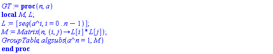 proc (n, a) local M, L; L := [seq(a^i, i = 0 .. n-1)]; M := Matrix(n, proc (i, j) options operator, arrow; L[i]*L[j] end proc); GroupTable, algsubs(a^n = 1, M) end proc