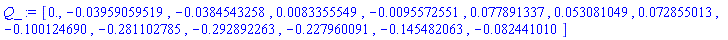 Q_ := Vector[row](14, {(1) = 0., (2) = -0.3959059519e-1, (3) = -0.384543258e-1, (4) = 0.83355549e-2, (5) = -0.95572551e-2, (6) = 0.77891337e-1, (7) = 0.53081049e-1, (8) = 0.72855013e-1, (9) = -.100124690, (10) = -.281102785, (11) = -.292892263, (12) = -.227960091, (13) = -.145482063, (14) = -0.82441010e-1})