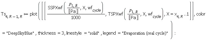 Ts[4, Units:-Standard:-`+`(R, -1), R] := plot([[Units:-Standard:-`*`(SSPXwf(Units:-Standard:-`*`(p[1, R], Units:-Standard:-`/`(Unit('Pa'))), X, wf[cycle]), Units:-Standard:-`/`(1000)), TSPXwf(Units:-Standard:-`*`(p[1, R], Units:-Standard:-`/`(Unit('Pa'))), X, wf[cycle]), X = x[4, R] .. 1]], color = "DeepSkyBlue", thickness = 3, linestyle = "solid", legend = "Evaporation (real cycle)"):