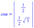 one := Vector(2, {(1) = 1/2, (2) = (1/2)*sqrt(3)})
