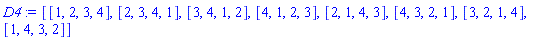 [[1, 2, 3, 4], [2, 3, 4, 1], [3, 4, 1, 2], [4, 1, 2, 3], [2, 1, 4, 3], [4, 3, 2, 1], [3, 2, 1, 4], [1, 4, 3, 2]]