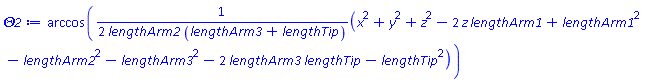 arccos((1/2)*(x^2+y^2+z^2-2*z*lengthArm1+lengthArm1^2-lengthArm2^2-lengthArm3^2-2*lengthArm3*lengthTip-lengthTip^2)/(lengthArm2*(lengthArm3+lengthTip)))